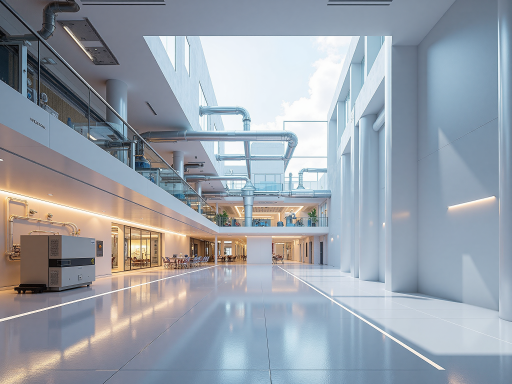 现代化半导体工厂外景，白色建筑配蓝色玻璃幕墙，绿色植物环绕，阳光明媚