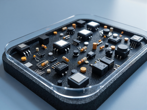 电源管理芯片正面视角，黑色封装，金色引脚，白色标识文字，实验室工作台背景